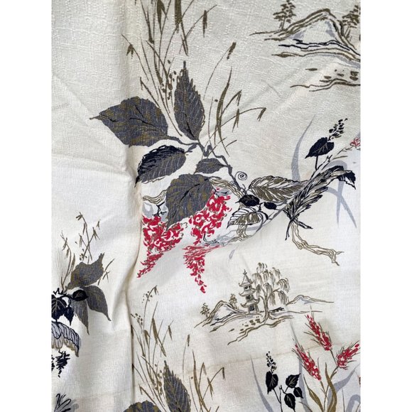 Vintage 1940s Salvaged Barkcloth Curtain Fabric Panels Floral Pagoda Houses - Picture 9 of 16